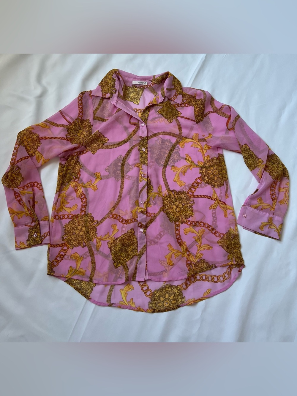 Timing Pink Sheer Button-Up Blouse with Gold Baroque Print